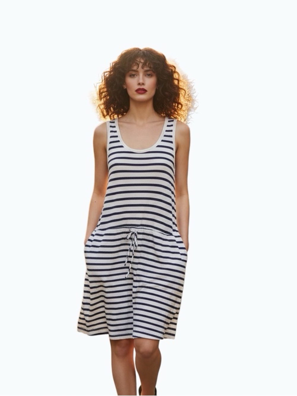 Gap Blue & White Striped Linen Blend Tank Dress with Pockets Size L